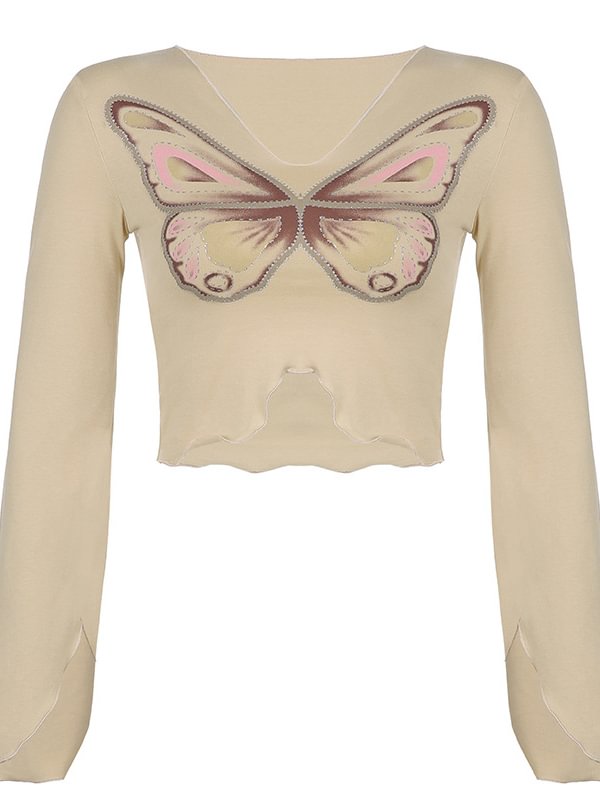 Trendy Butterfly Asymmetrical Ruffled Long Sleeve V Neck Crop Top