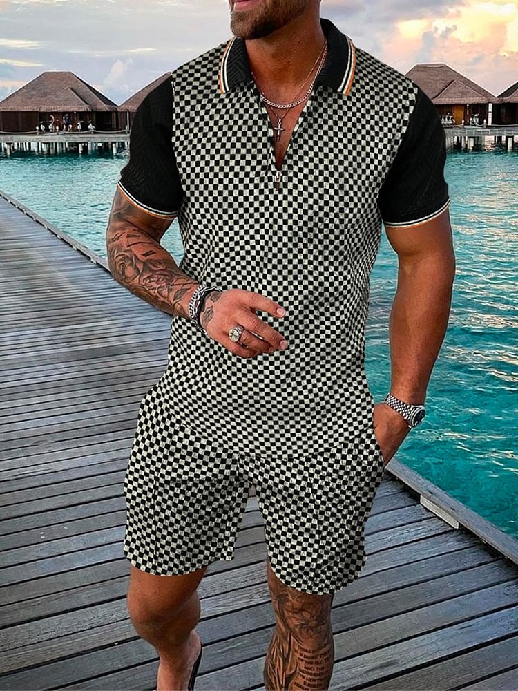 Men's Casual Black and White Plaid Printed Polo Suit