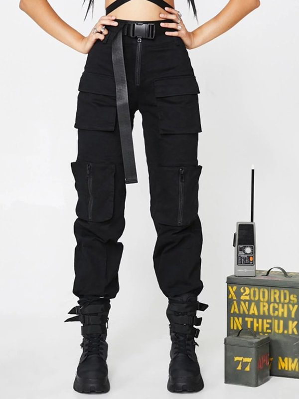 Statement Solid Color Pockets Zipper High Rise Industrial Pants