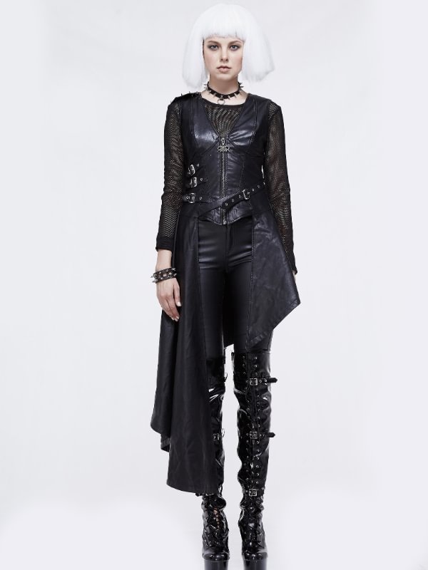 Zipper Up Asymmetric Sleeveless Women Punk Rock Mid-length Leather Dress