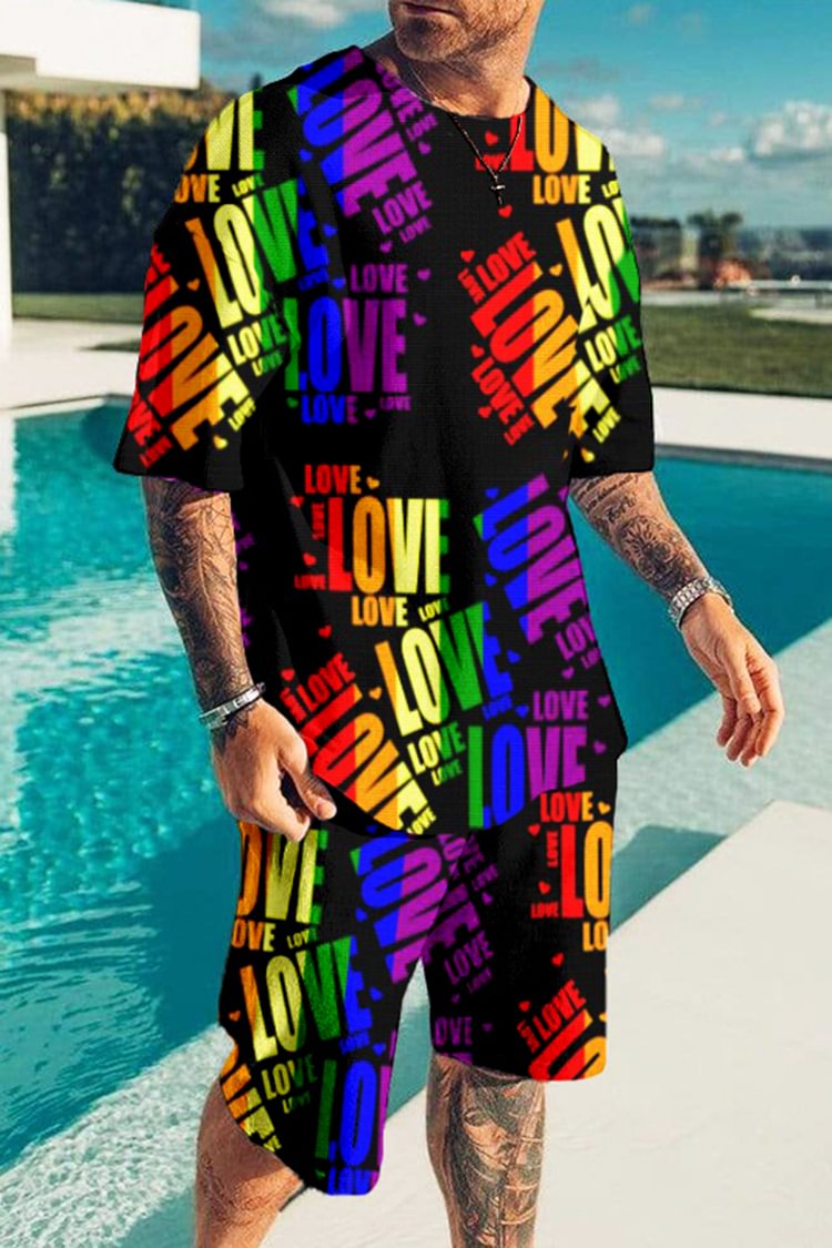 Tiboyz Rainbow Print Love Is Love T-Shirt And Shorts Two Piece Set