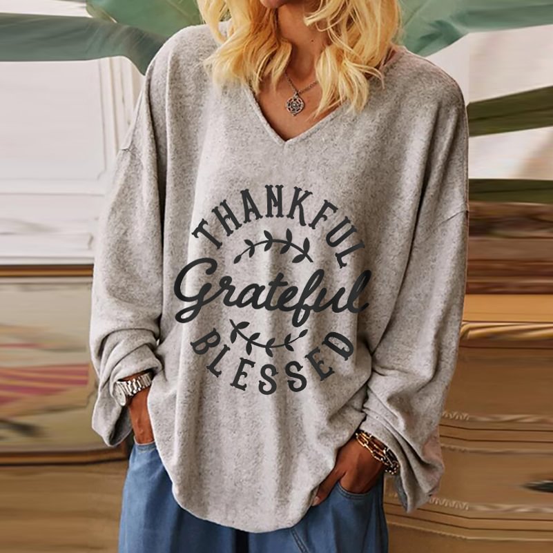 Womens Thankful Grateful And Blessed Gray Blouse