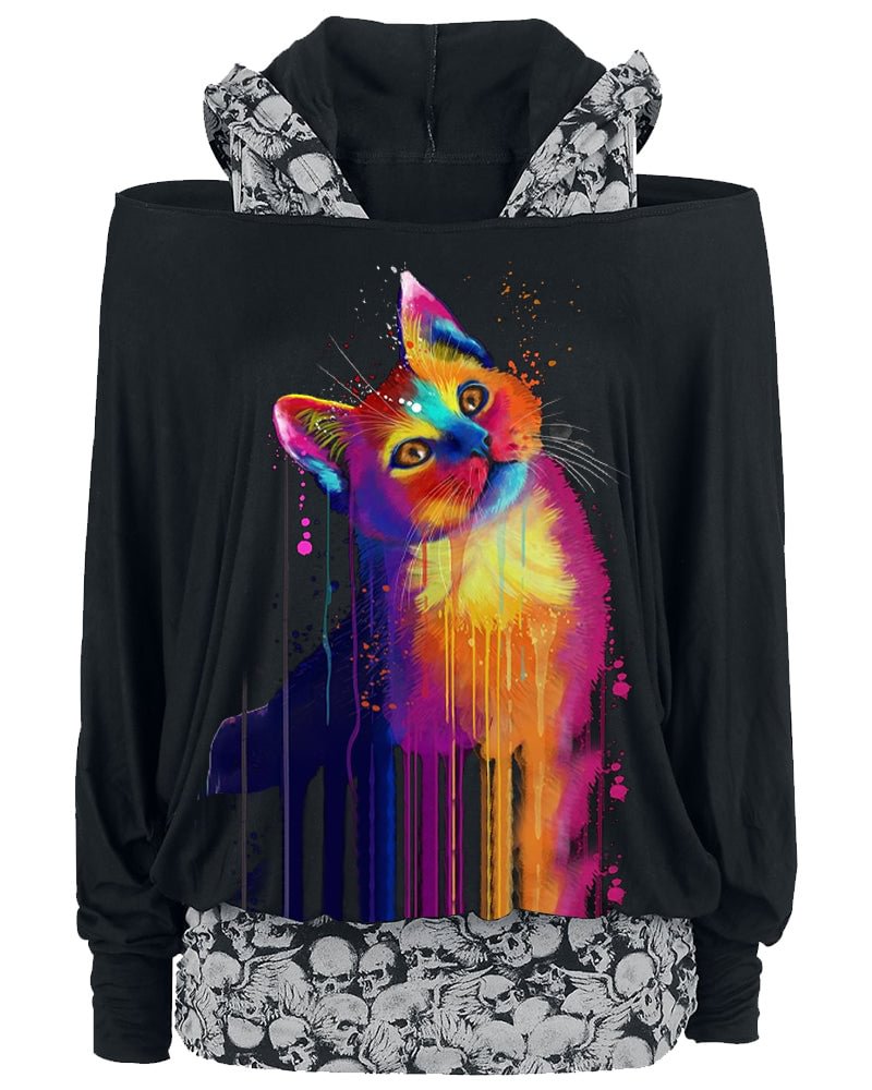 Painting Cat Long Sleeve Women Top With Skull Print Lining