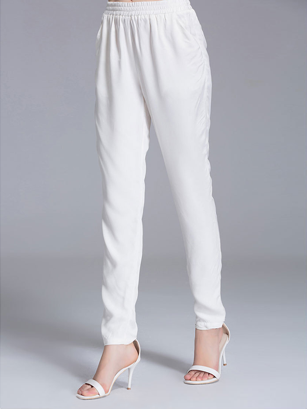 White Exquisite Elastic Waist Silk Pants With Pockets Hem Folded