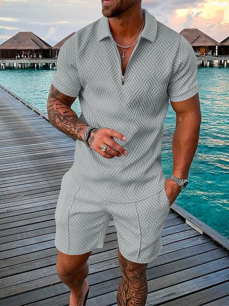 Men's Vacation Texture Printed Polo Gray Suit