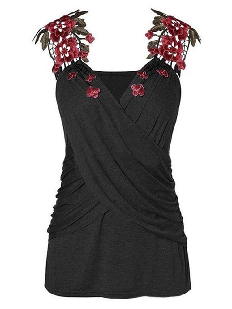 Embroidered Camisole Sleeveless Vest Crossover Casual Top-Mayoulove