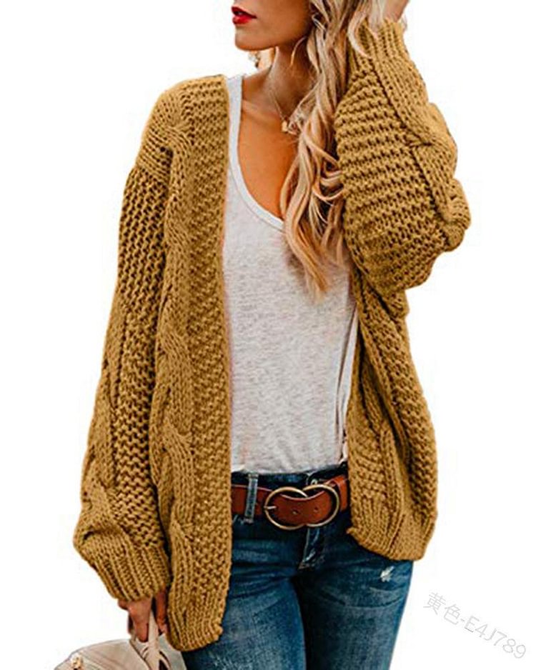 Mayoulove Women's Chunky Cardigan Sweater Cable Knit Loose Fit Casual Red Coat-Mayoulove