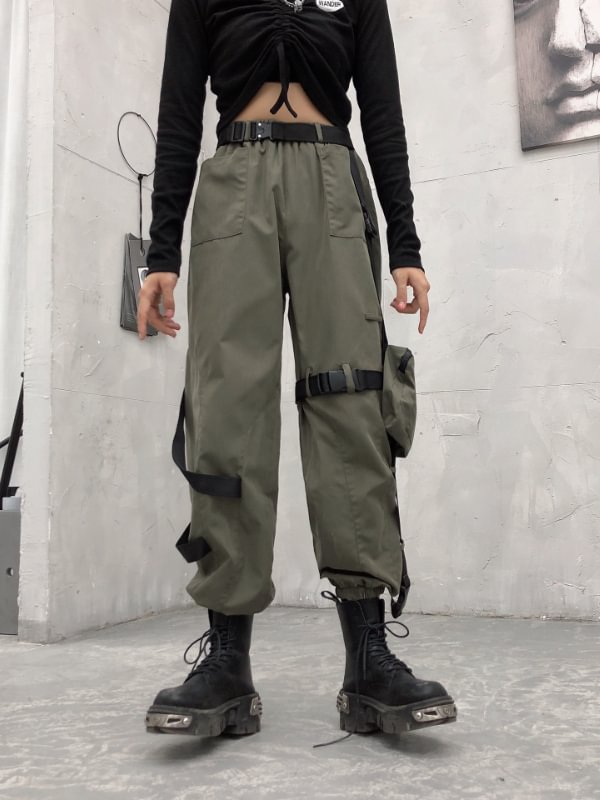 Solid Color Basic Pockets Decorated Streamer Elastic Waist Straight Loose Industrial Pants