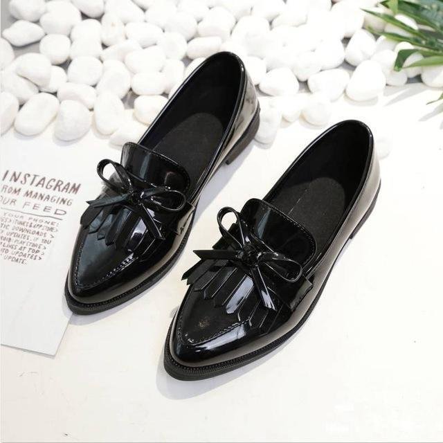 Woman Casual Tassel Bow Pointed Toe Black Oxford Comfortable Slip on Flats-Corachic
