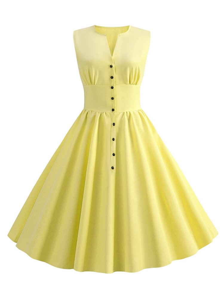 Mayoulove Hepburn Style Womens Single-Breasted V-neck Sleeveless Solid Color Dress-Mayoulove