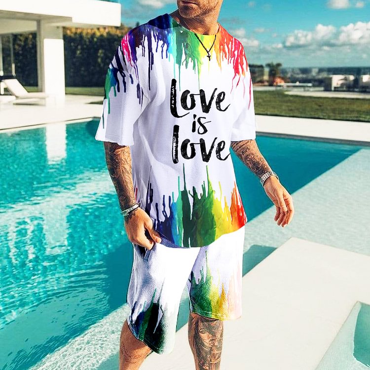 BrosWear Love Is Love Print T-Shirt And Shorts Two Piece Set