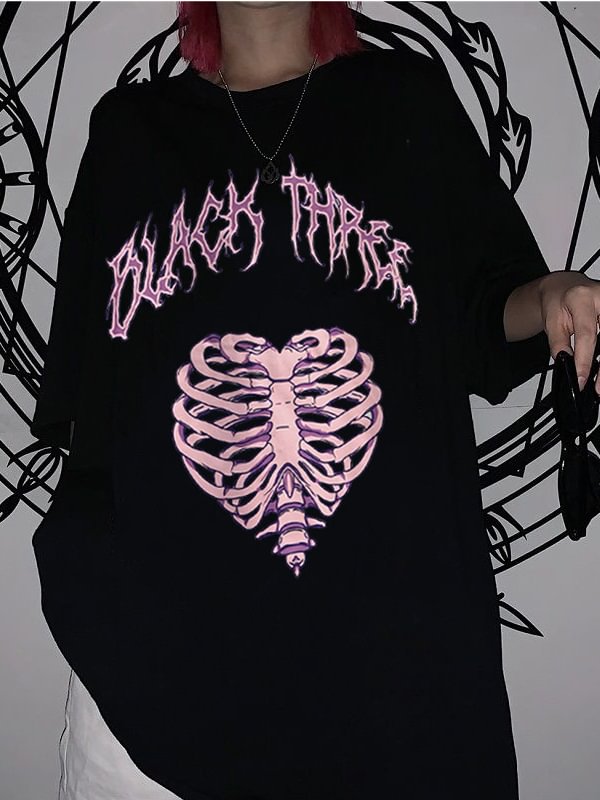 Gothic Skull Heart Printed Oversize T-shirt