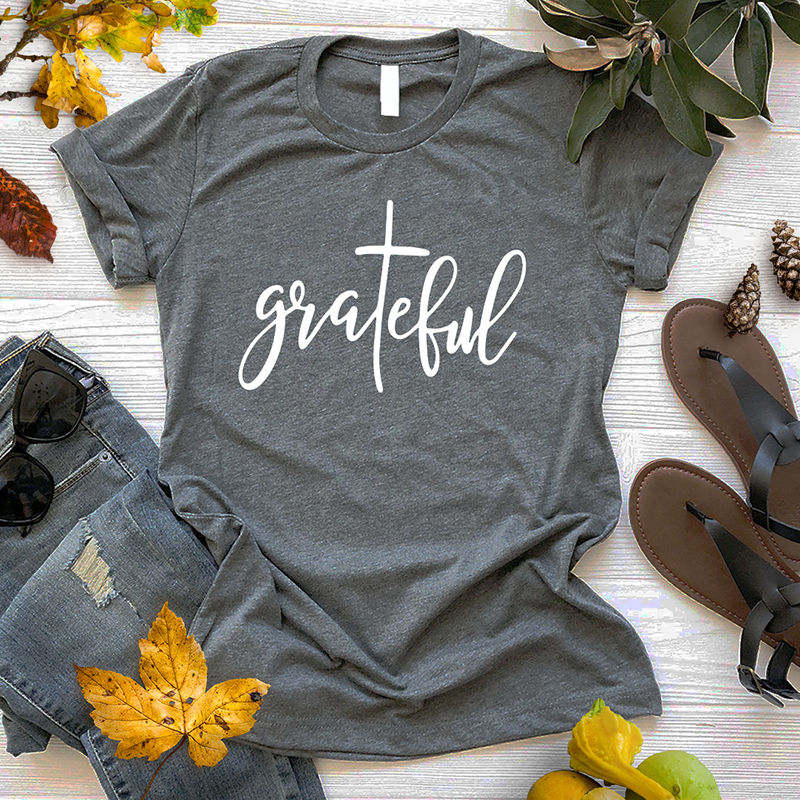 Grateful letter print round collar graphic tees