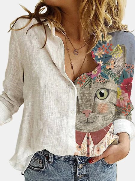 Cute Cat Printed Long Sleeve Lapel Shirt