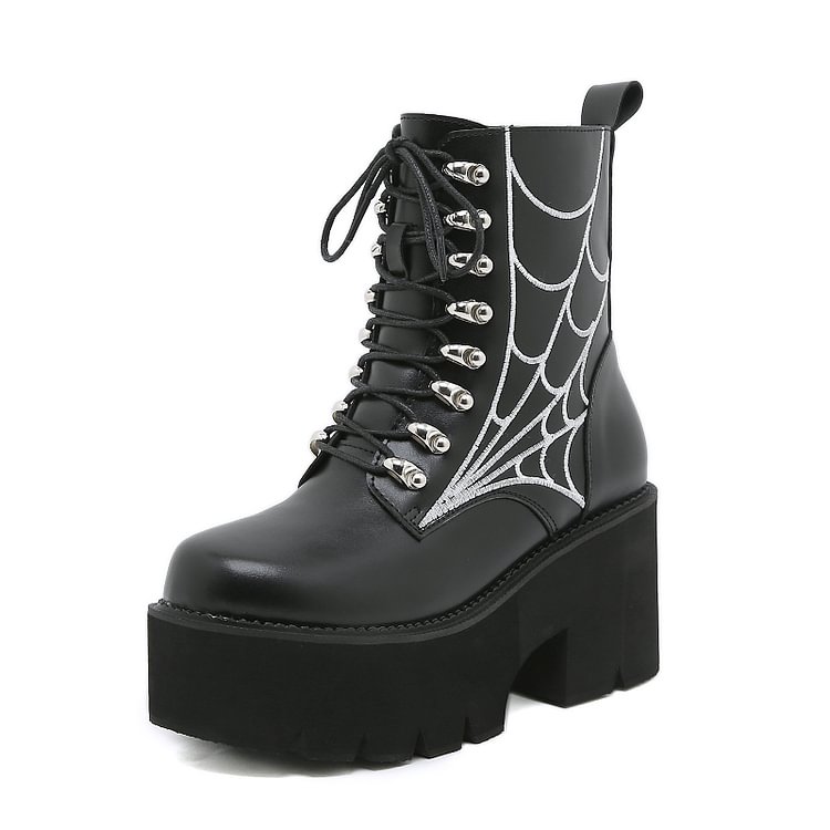 Gothic Spider Net Embroidered Lace Up Side Zipper Platform Boots