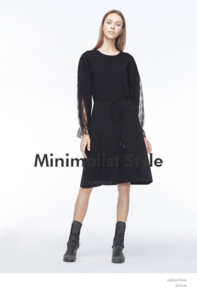 SDEER Mesh stitching long-sleeved lace dress with belt