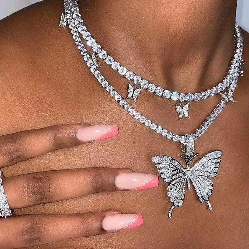 Iced Out Big Butterfly Pendant Necklace-VESSFUL