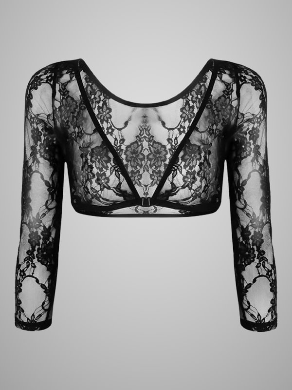 Gothic Dark Lace See-through V Neck Long Sleeve Crop Blazer