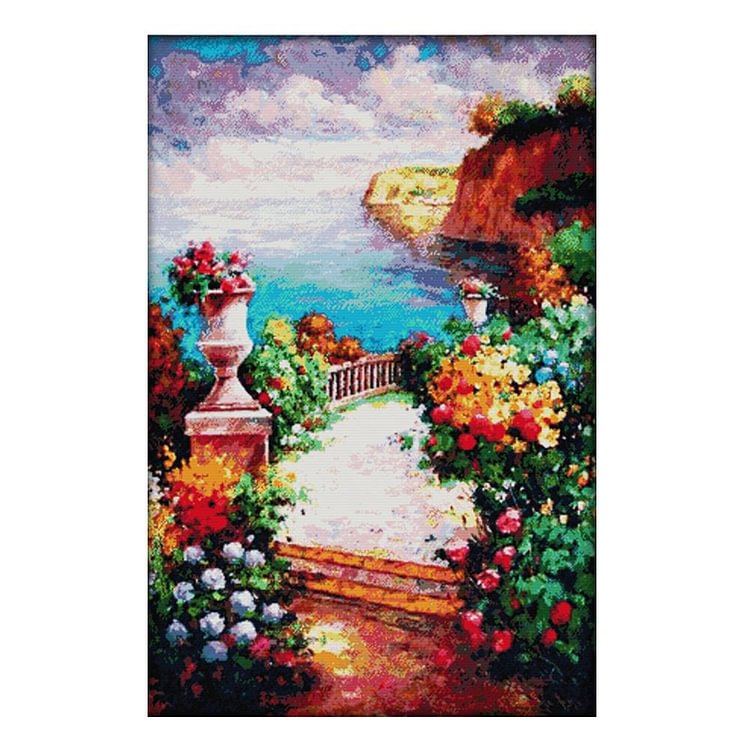 Path Between Flowers By The Sea - 14CT Stamped Cross Stitch - 62*91cm (Big Size)