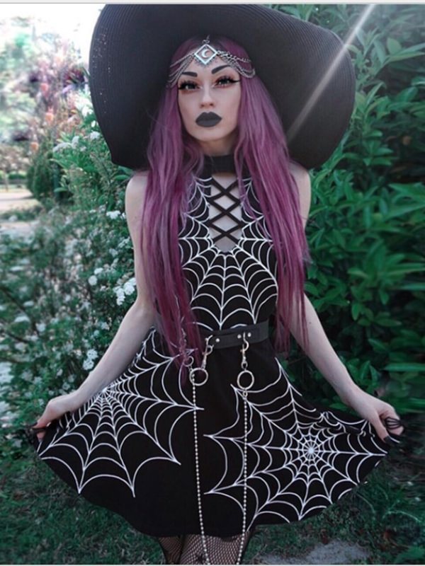 Sexy Spider Net Printed Cutout Halter Sleeveless Skater Dress