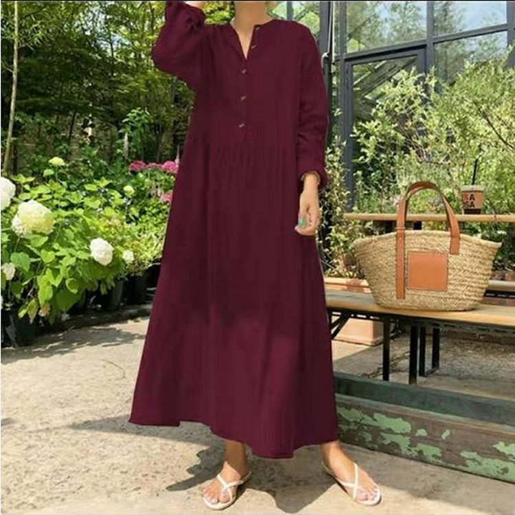 Loose stand-up collar open tube long cotton and linen long-sleeved dress