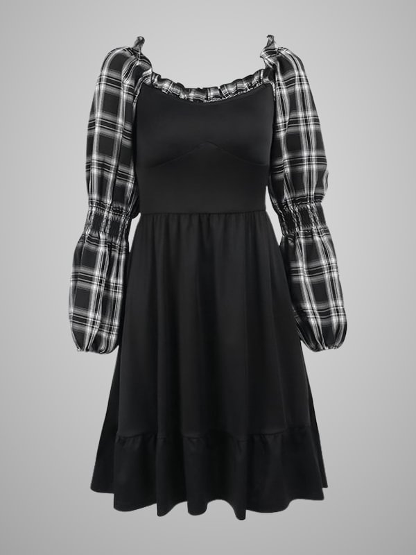Gothic Dark Paneled Color Block Checkered Long Sleeve Square Collar Tight Waist Dress