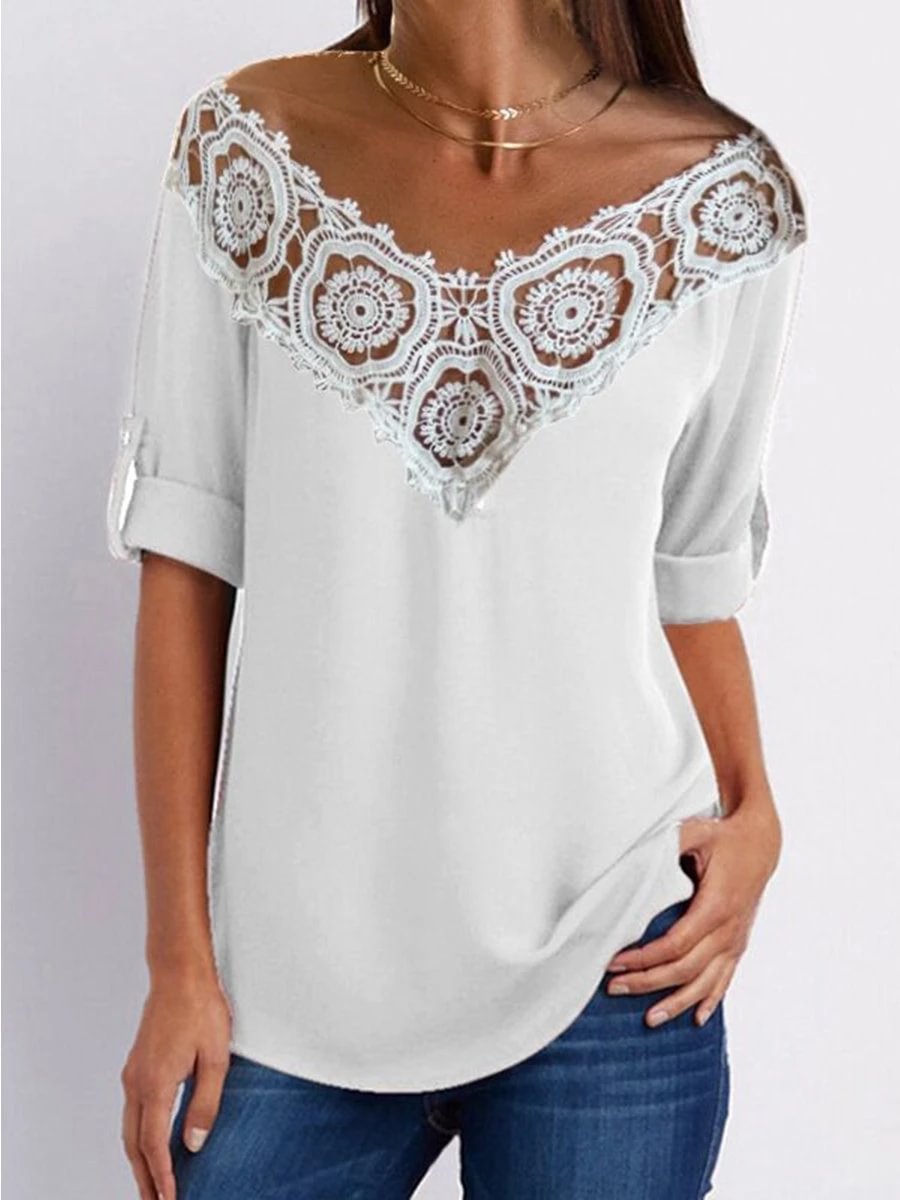 V-neck Solid Lace Stiching Blouse P16343