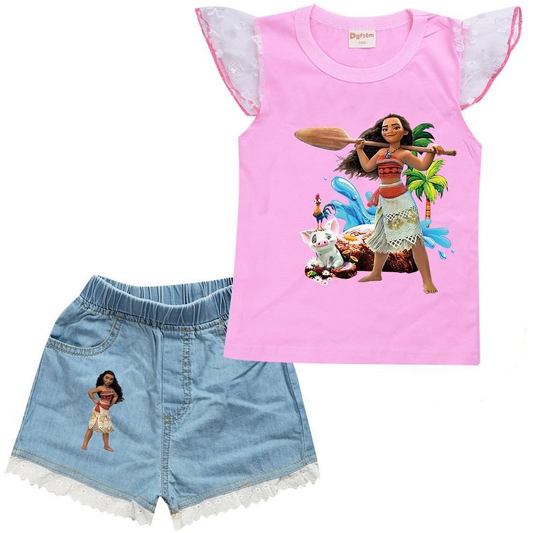 Moana Print Girls Cotton Lace Trim Tank Top Denim Shorts Suit Sets-Mayoulove