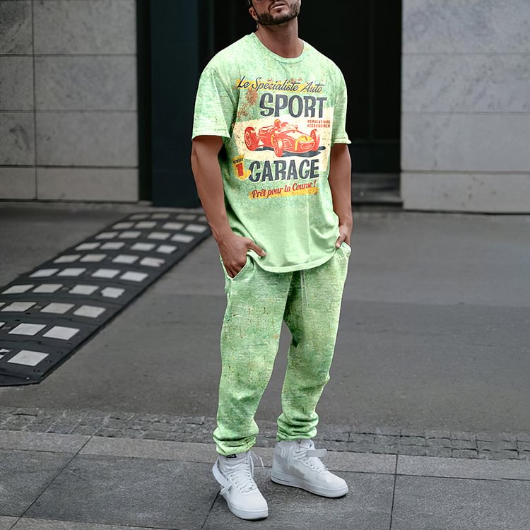 BrosWear Casual Retro Light Green T-Shirt And Pants Two Piece Set
