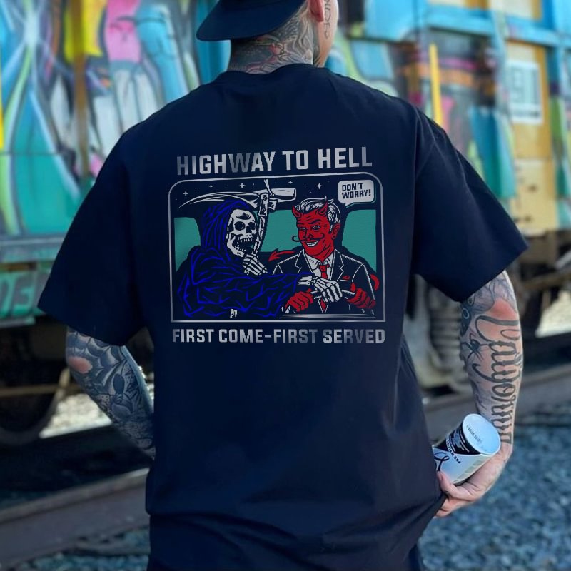 Cloeinc  Highway To Hell First Come-first Served Grim Reaper Print T-shirt - Cloeinc