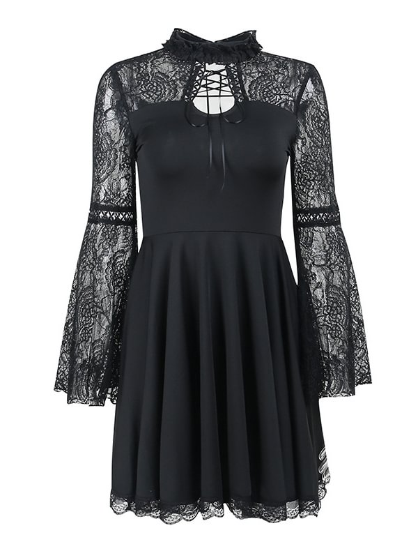 Dark Vintage Cutout Lace Paneled Long Sleeve Dress