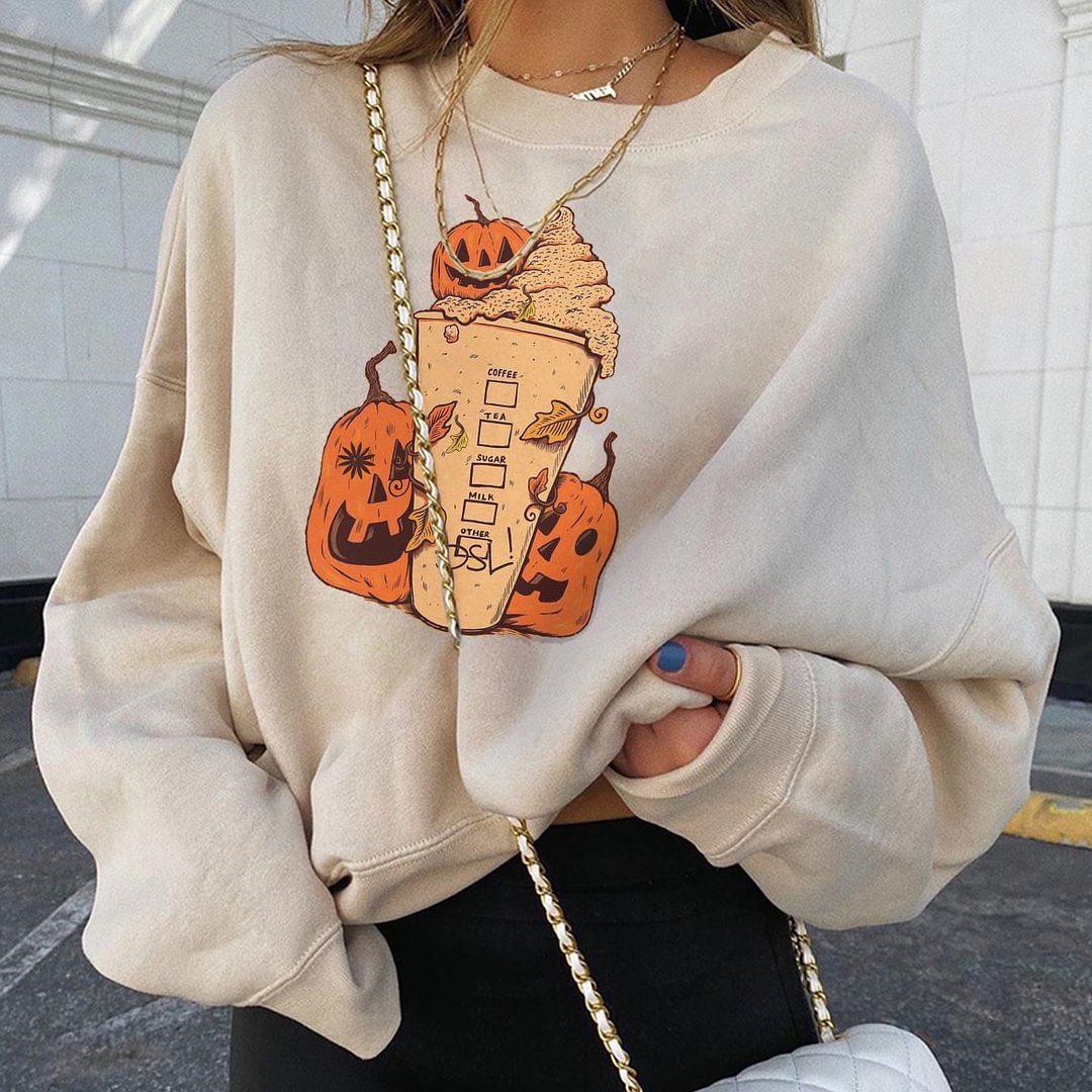   Pumpkin milk tea cup print loose sweatshirt - Neojana