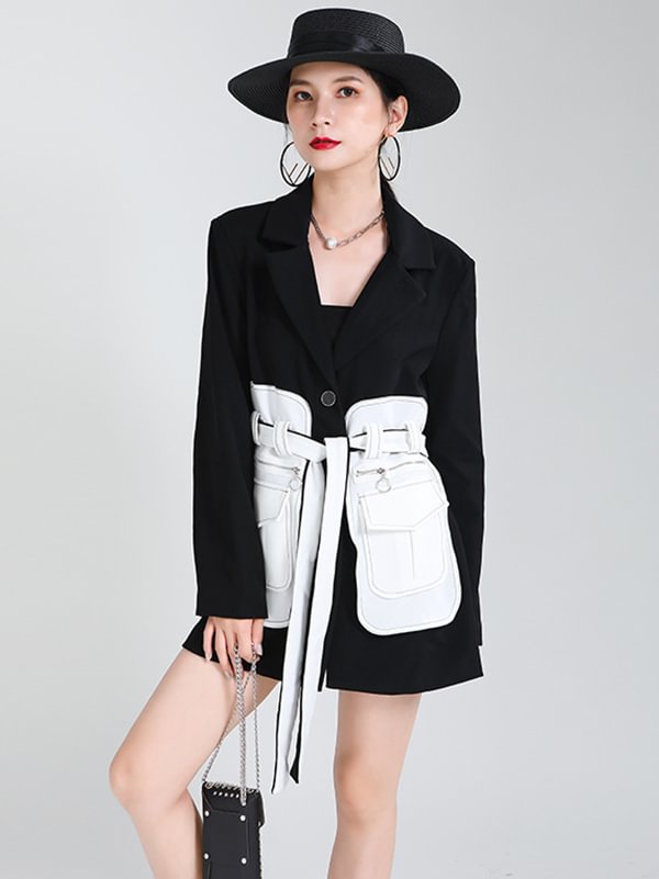 Black&White Split-Joint Lapel Belted Outwear