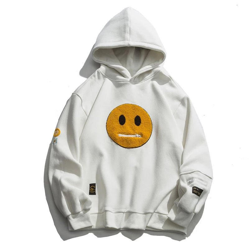 Zipper Pocket Smile Face Patchwork Fleec Hoodie / Techwear Club / Techwear