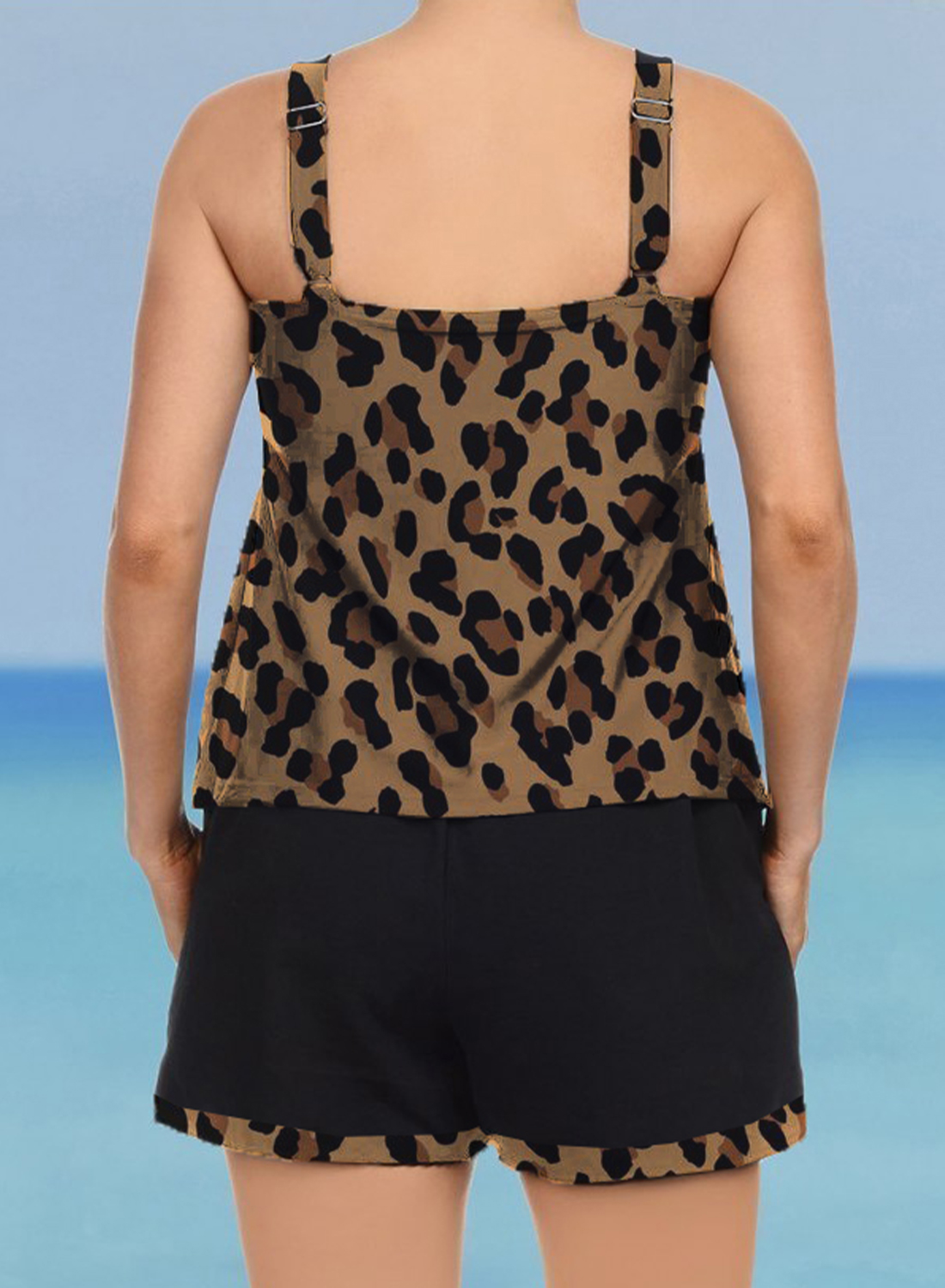 Women's Plus Size Leopard Tankini with Shorts U Neck Ruched Padded Two ...