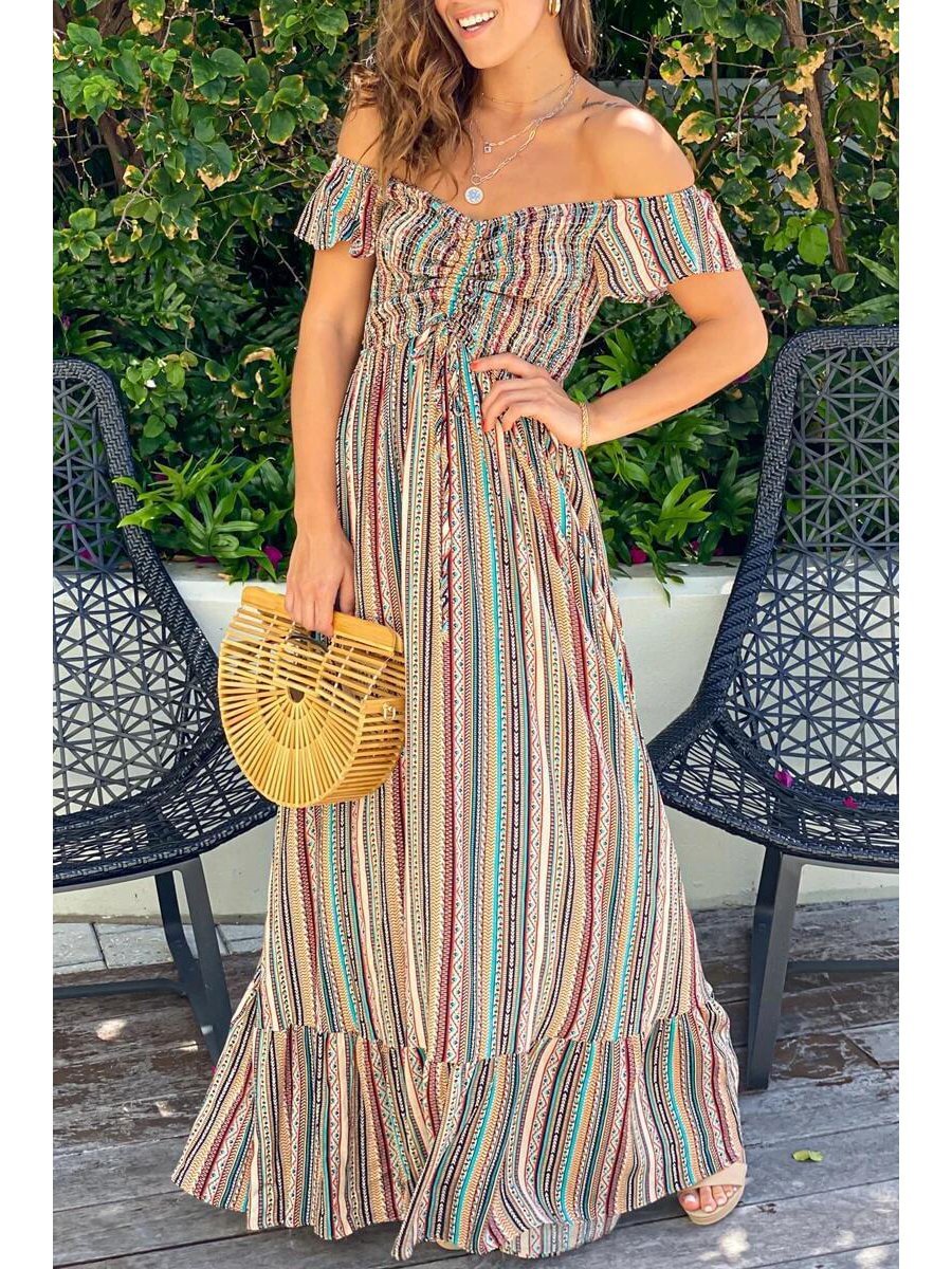 Off-the-shoulder Ruched Striped Maxi Dress P13701