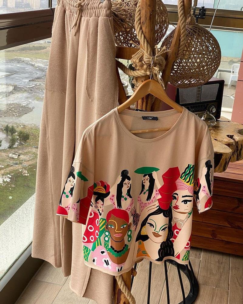 Women's African Style Print Crew Neck Casual Two-piece Set
