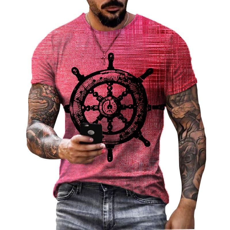 Boat Anchor Print O-Neck Short Sleeve Tops Casual Loose Men's T-Shirts-VESSFUL