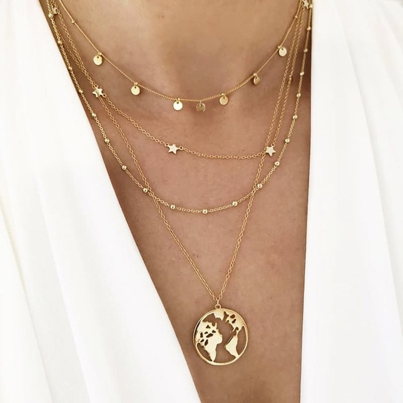 Minnieskull Fashion five-pointed star bead map multi-layer chic necklace - Minnieskull