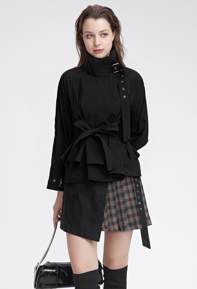 S.DEERWomen's fashion stand collar waist stitching irregular short coat S22182218