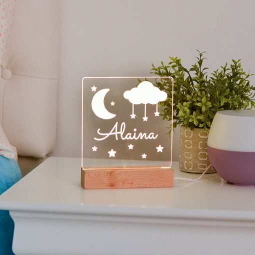 Custom Name Moon and Stars LED Acrylic Night Light for Kids Bedroom / Playroom