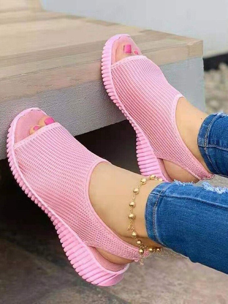 Women's Fashion Casual Pure Color Knitted Mesh Printed Flat-Bottom Comfortable Trend All-match Summer Sandals - vzzhome