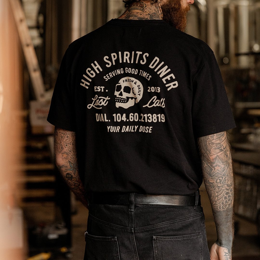 High Spirits Diner Skull Printed Men's T-shirt - Cloeinc