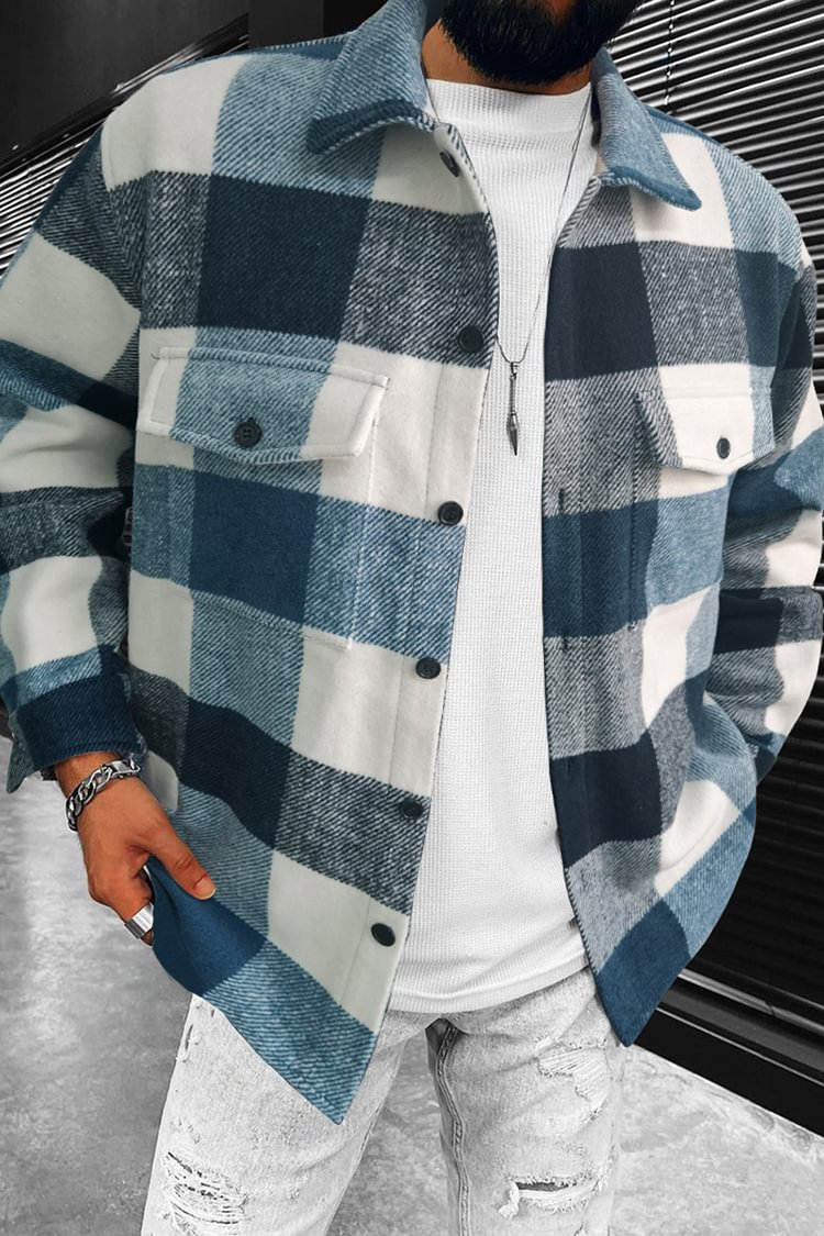 Tiboyz Casual Turn-down Collar Blue And White Check Jacket