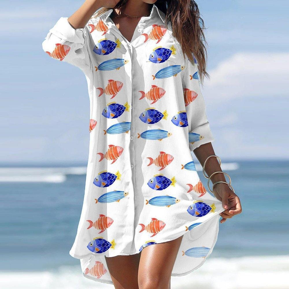 Aquatic Fish 3/4 Sleeve Button Front Mini Dress、shopify、sdecorshop