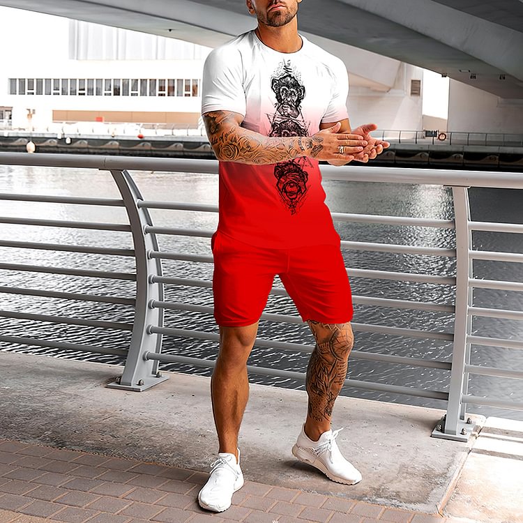 BrosWear Red And White Gradient Print T-Shirt And Shorts Two Piece Set