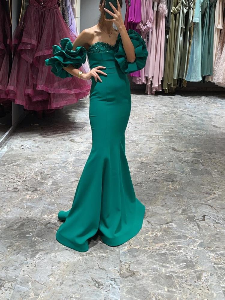 Off shoulder puff sleeve beaded mopping length mermaid evening dress