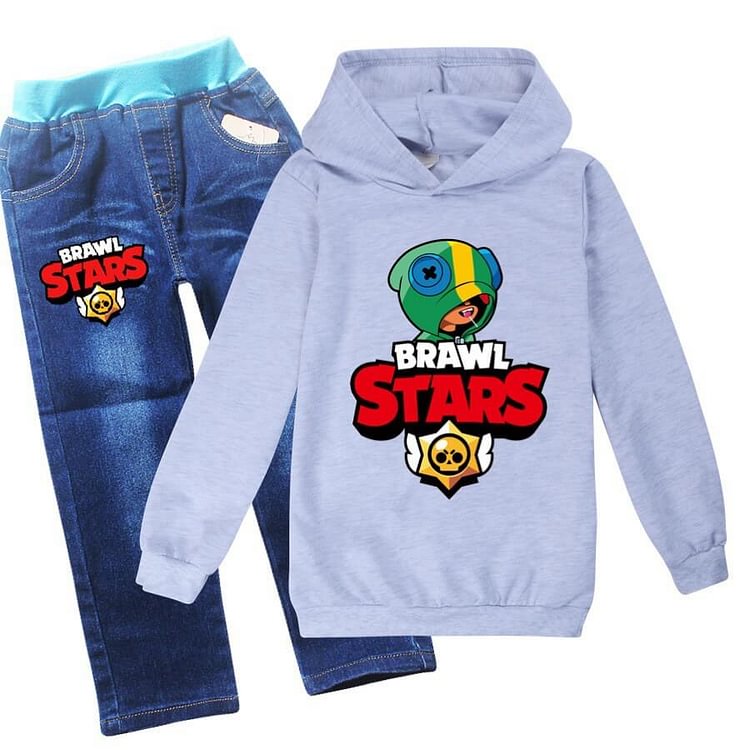 4-12 Years Girls Boys Brawl Stars Printed Hoodie And Jeans Outfit Set-Mayoulove