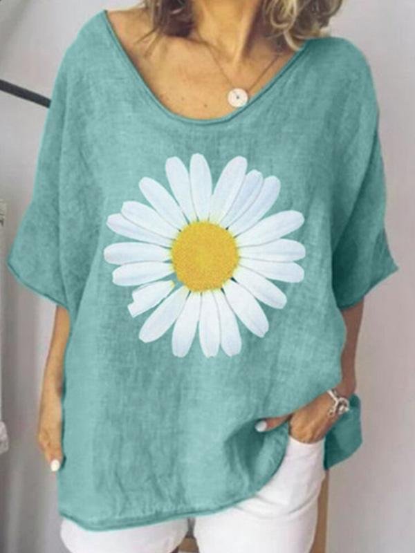 Ladies fashion daisy print loose comfortable short sleeve T-shirt-Mayoulove