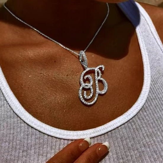 Iced Out Cubic Zircon Cursive Letters Name Pendant&Necklace-VESSFUL